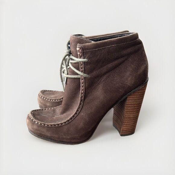 Dolce Vita Brown Suede Stacked Heel Booties Size 7 Heeled Boots Boho Moc Toe - Picture 1 of 8
